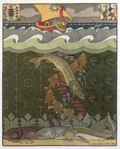 Le Bogatyr Volga se transforme en brochet, illustration pour le conte de fées russe, 